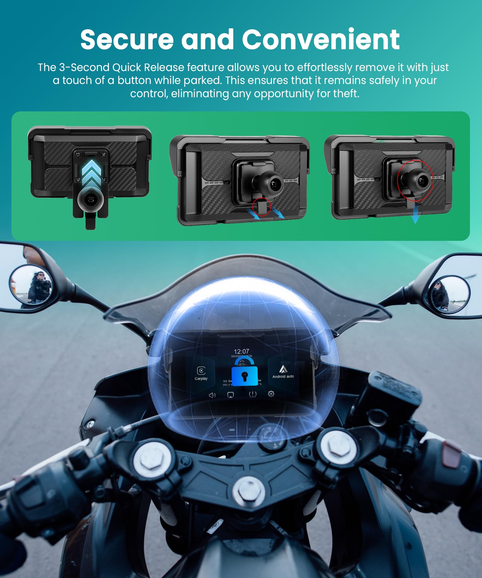 VECHTEL Motorrad Navi Kabelloses CarPlay und Android Auto per Moto, 5 Zoll HD Touchscreen GPS Navigation für Motorrad mit IP68 Wasserdicht, Bluetooth, Assistente Siri/GOO-gle, TPMS
