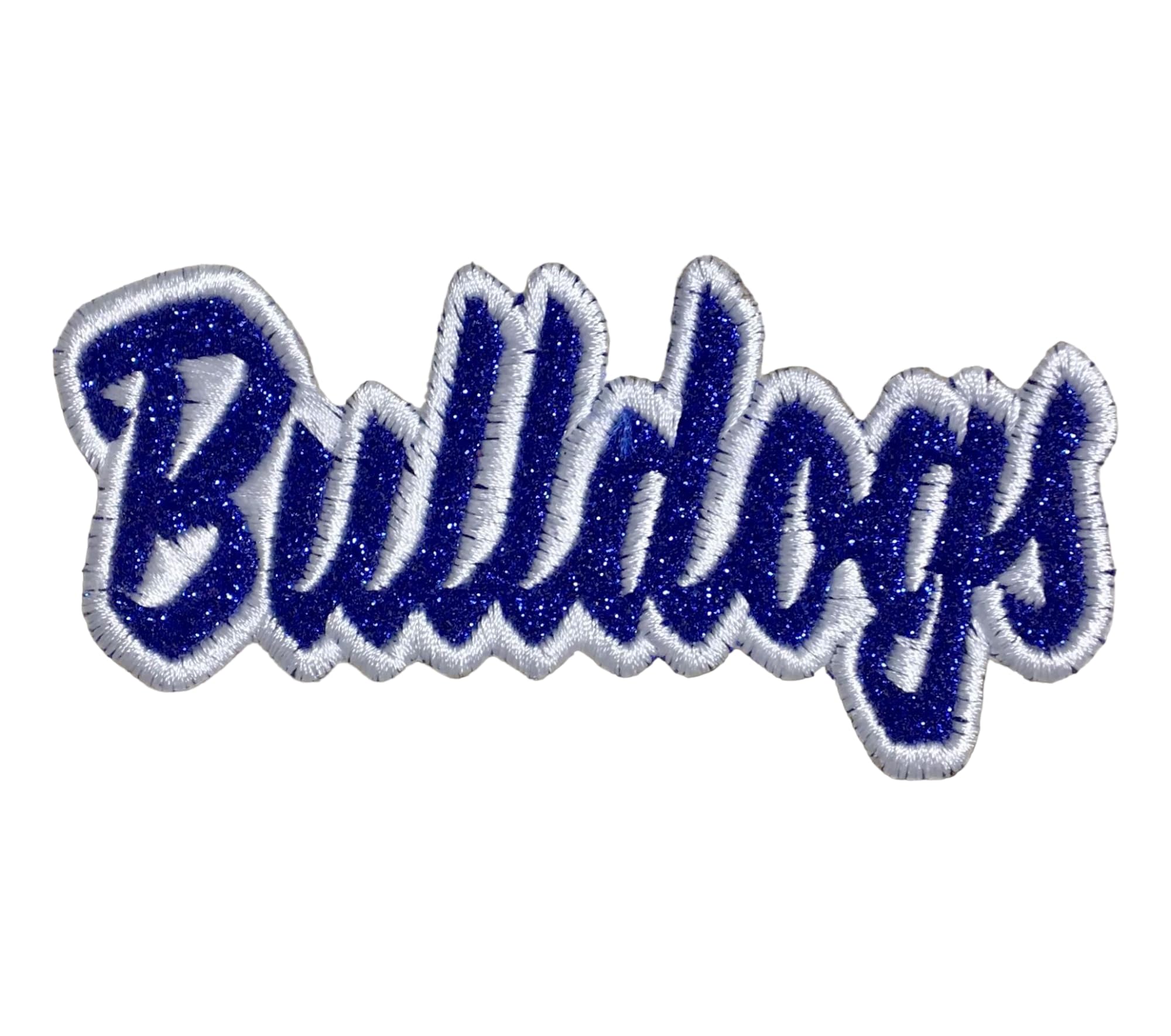 Bulldogs Mascot, Team Name, Embroidered, Iron on Patch (Royal Blue Glitter/White Outline)