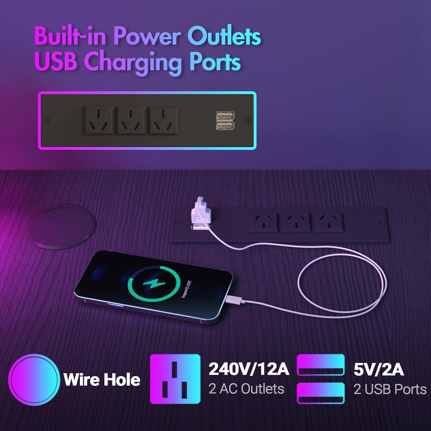 Close-up of the built-in power outlets and USB charging ports on the desk