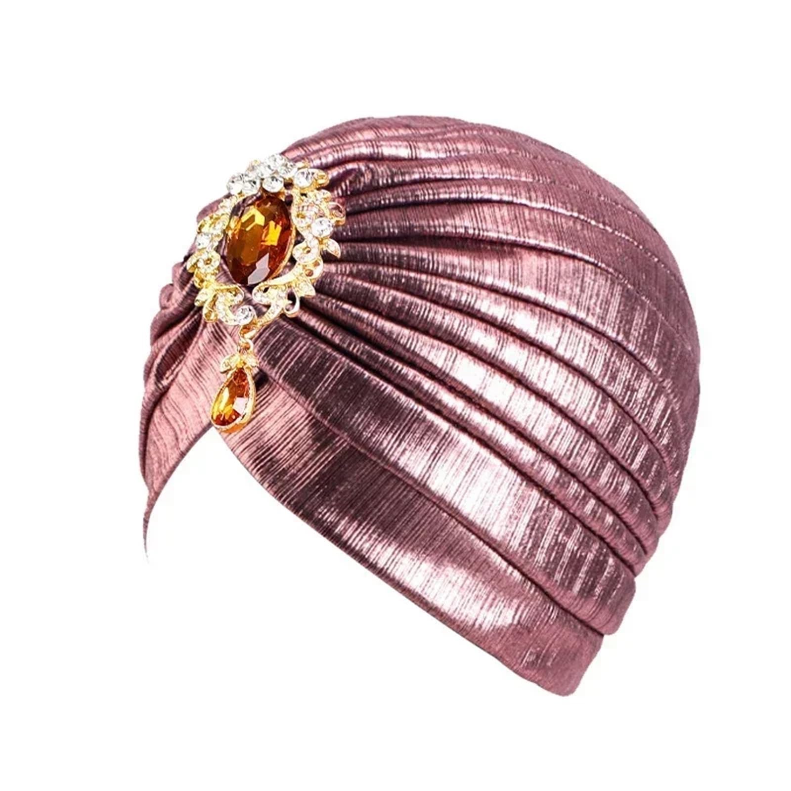 Jbjygsg Women's 001-03 Rose Chemo Cap Diamonds Hijab Pleated Turban Wrap Headscarf Beanies Hair Loss Bonnet Hat Femme Turbante Mujer(001-03 Rose)