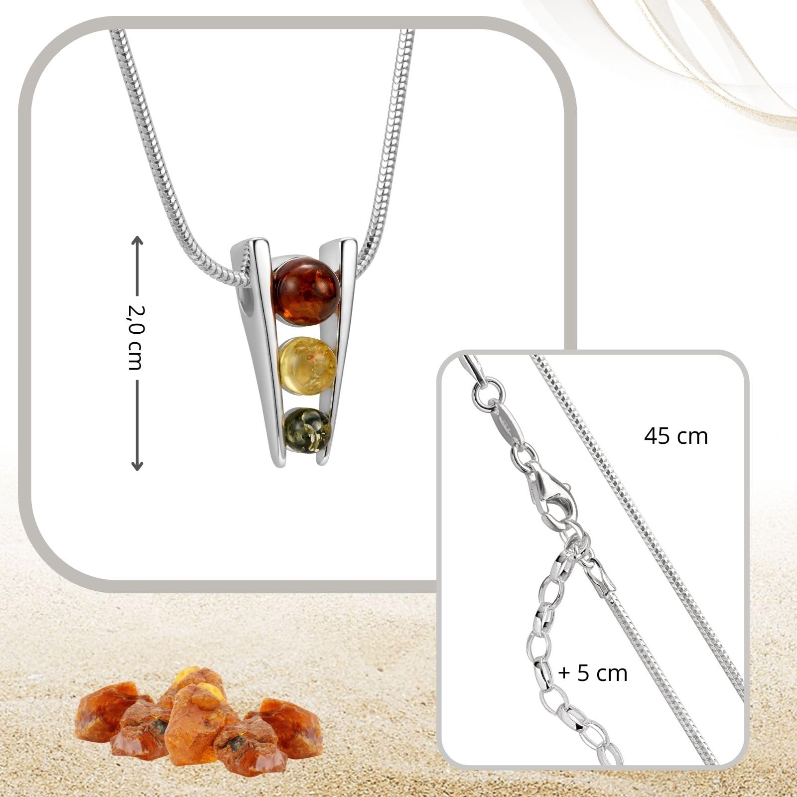 Copal Damen Bernsteinanhänger Kette Aus Sterlingsilber Verstellbar In Dreifarbiger Fassung