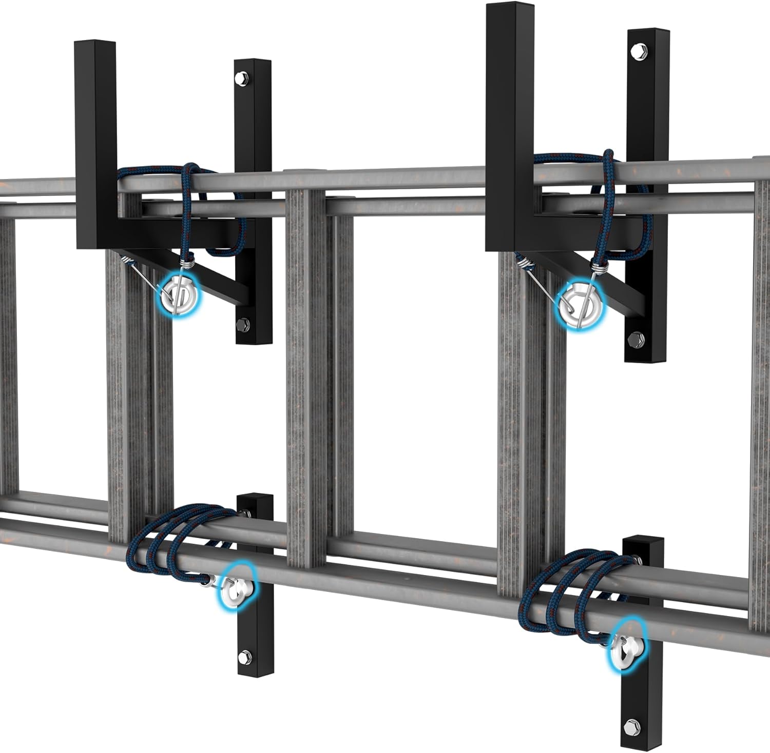2+2 Trailer Ladder Rack, Heavy Duty Steel Ladder Rack with 4 Elastic Ropes for Truck, Open and Enclosed Trailer Side Wall Mount, Indoor/Outdoor Storage Rack for Ladder 350 LBS Capacity