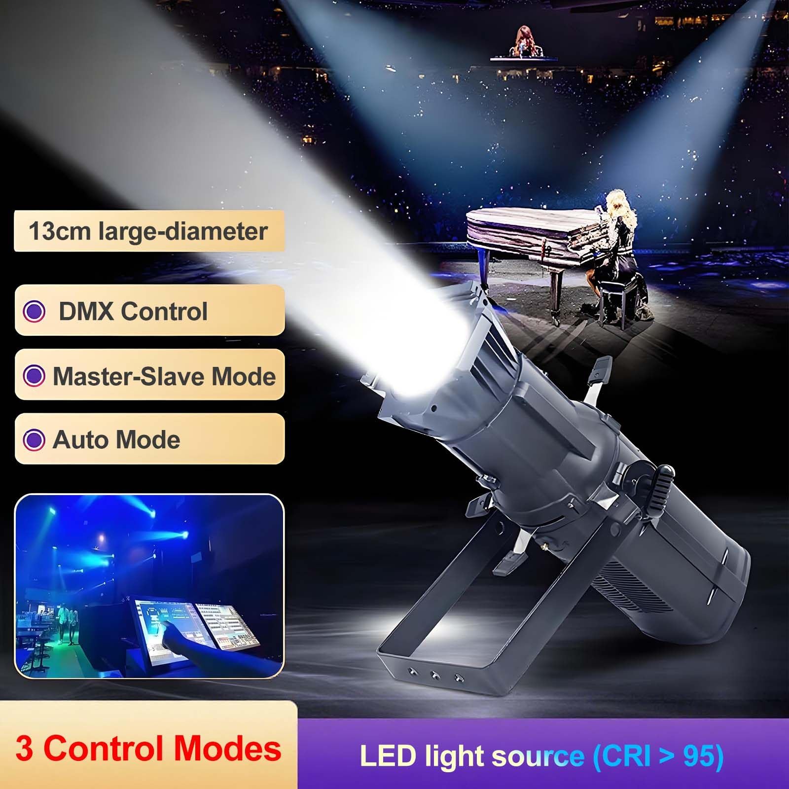 Reflektor LED Pin Spot z czterema kolorami, soczewką z zoomem 13 cm, oświetleniem scenicznym o dużej jasności 19000 lm, RGBW i regulowanym światłem białym (3000 K-5700 K) do pokazów DJ-skich, wesel