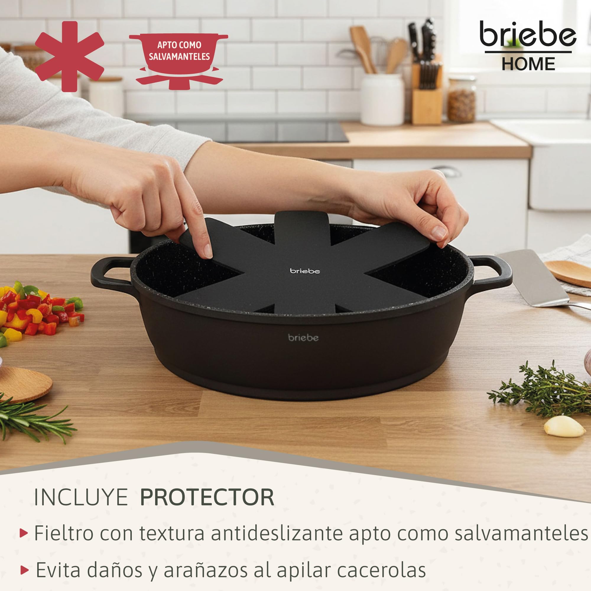briebe Black Titanium Cacerola Baja de Cocina Inducción Antiadherente Titanio, Cazuela 28cm, Aluminio Fundido, Recubrimiento sin PFOA, Tapa Cristal, Asas Silicona, Vitrocerámica, Gas, Horno