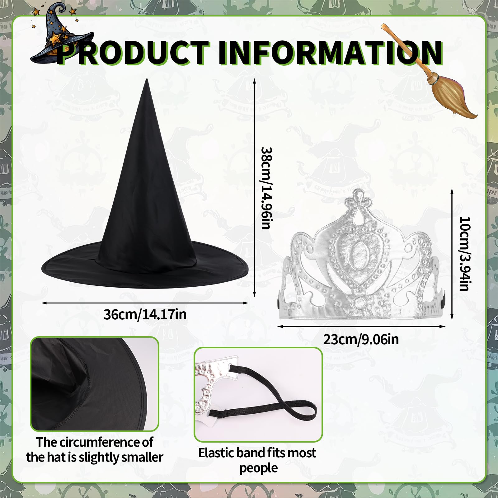 10pcs Princess Crowns and Witch Hats Set, Include 5pcs Silver Princess Crowns with Elastic Band and 5pcs Wired Black Witch Hats for Halloween Party Dress-Up Night Costume Accessory