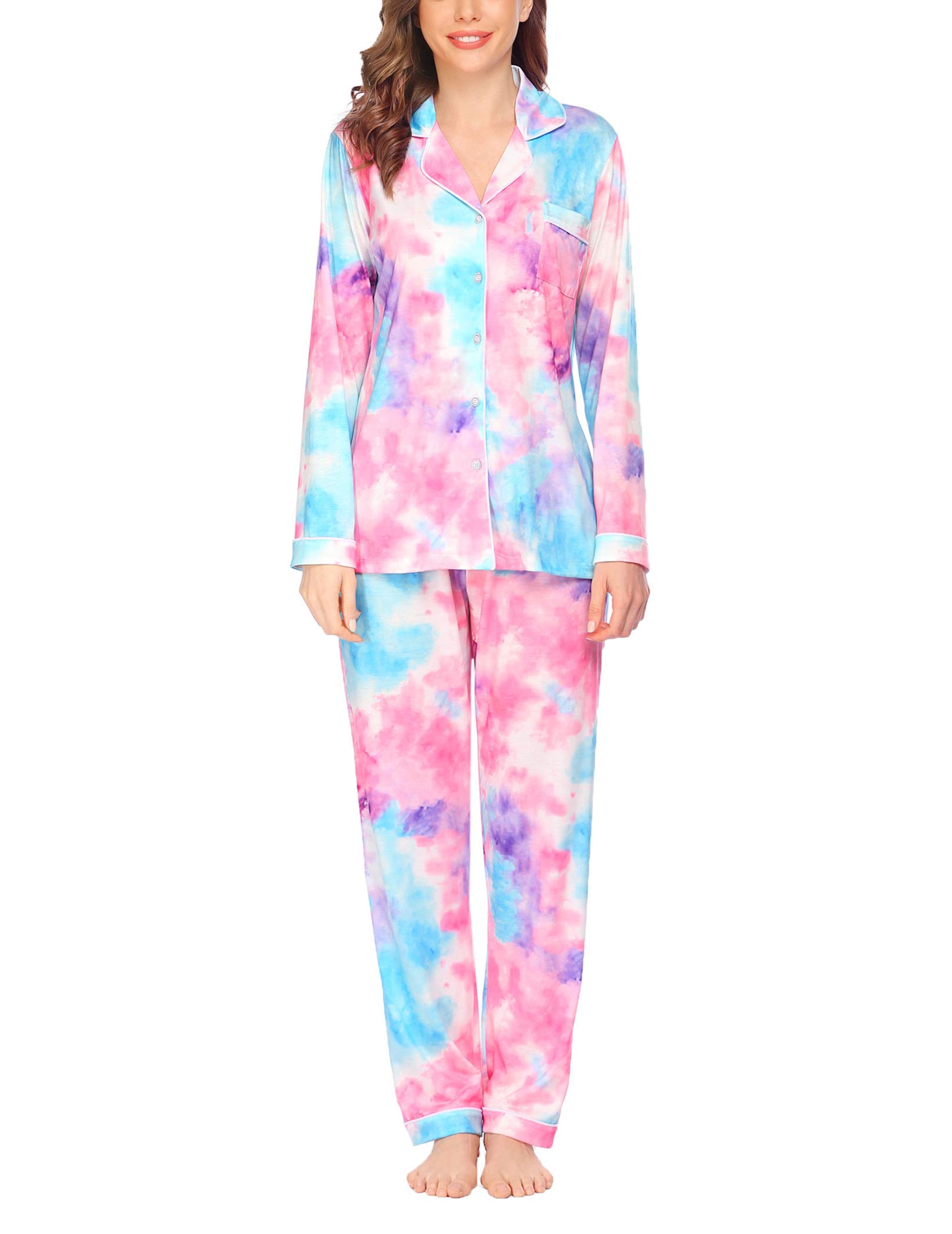 Women's Long Sleeve Button Down Pajamas Jersey Two Piece Pjs Pants Set Lightweight Soft Sleepwear (S-XXL)