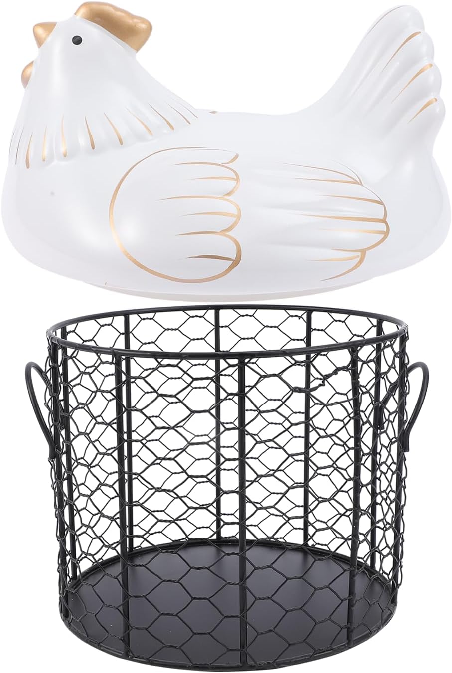 Ceramic Egg Storage Basket with Stainless Steel Wire, Creative Covered Fruit and Snack Container for Kitchen Organization, White with Metallic Accent and Black Basket for Household