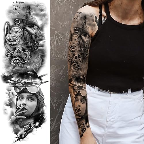 Miniatura 4 de Tatuajes militares de manga falsa para hombres, mangas de tatuaje temporal, soldado de guerra de brazo completo, impermeables, de león negro,