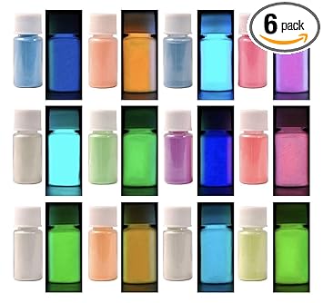 Americos Chemicals Private Limited Skin Safe Long-Lasting 6 Color Glow in The Dark Pigment Powder in UV Lamp Epoxy Resin Luminous Dye Powder 5 g Each (Multicolour, Total 30 g)