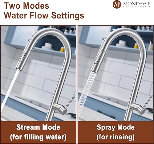 Miniatura 3 de MONDAWE Grifos de cocina de níquel cepillado con rociador extraíble, moderno grifo de arco alto de acero inoxidable para fregadero, grifo táctil