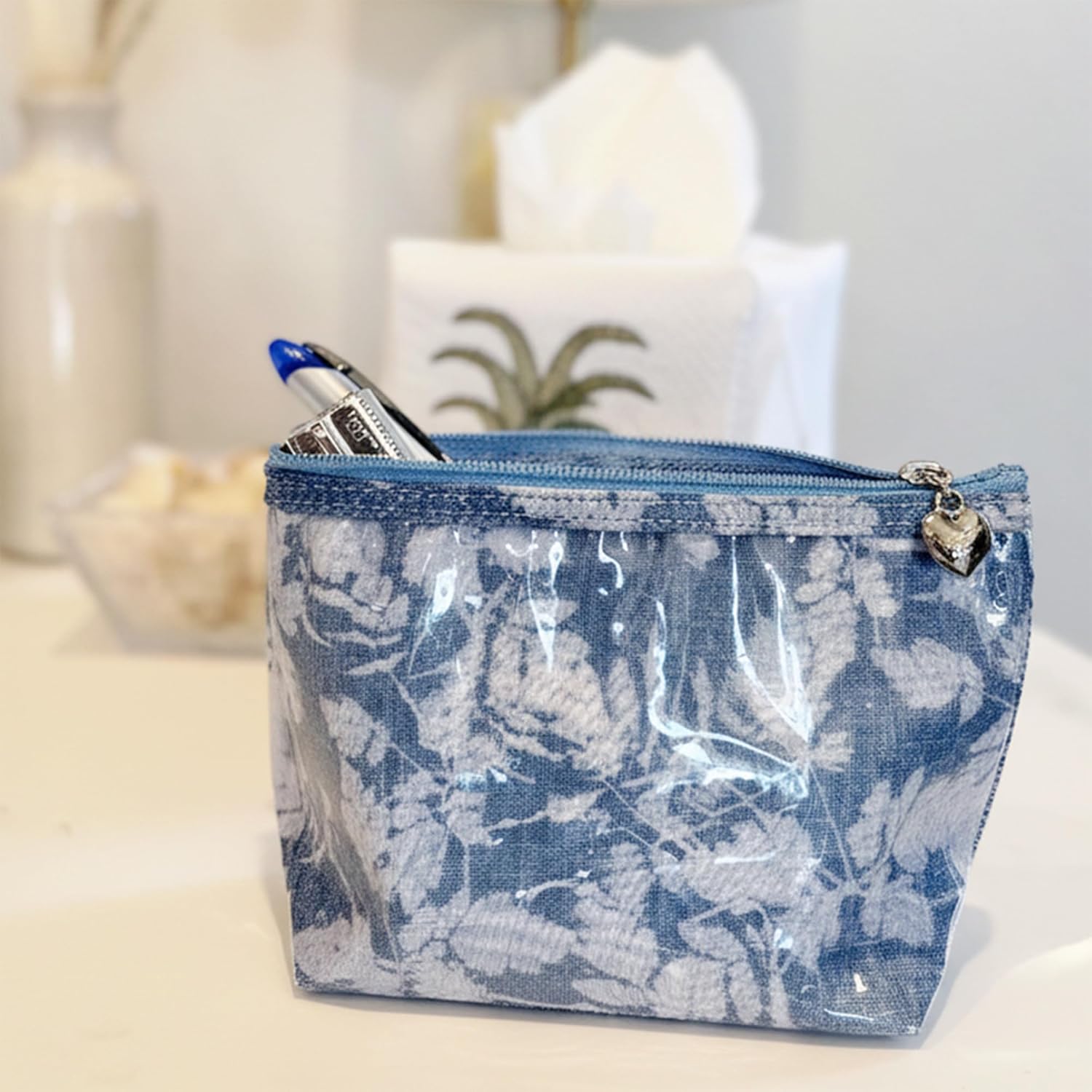 Jacaranda Living Small Cosmetic Bag - Water-Resistant, PVC-Lined, Compact & Travel Ready Make Up Bag, Easy to Clean - Floral Denim