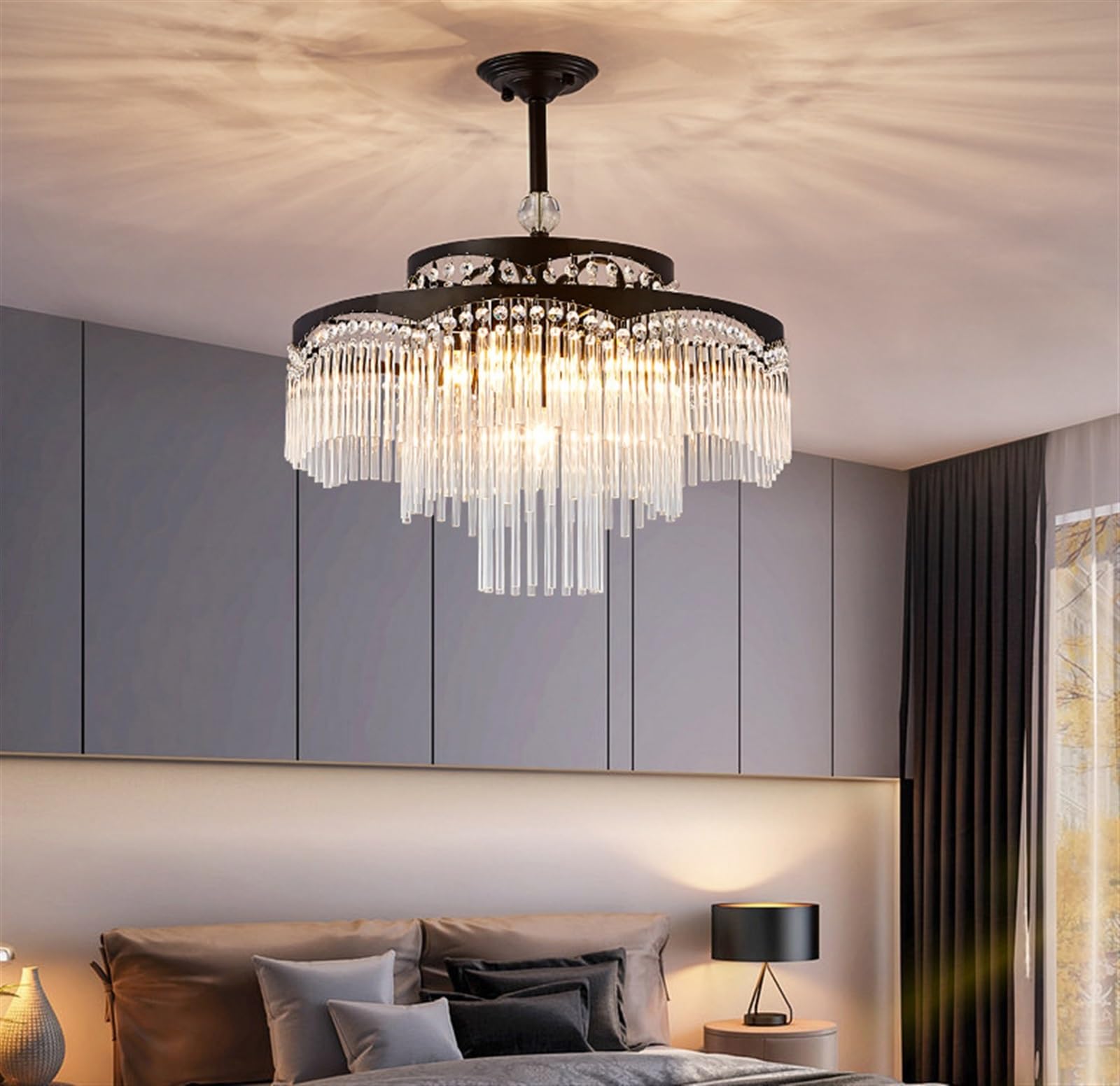 Żyrandol Lampa Wisząca Kryształowy Żyrandol Metalowa Lampa Sufitowa Amerykańska Wisząca Do Sypialni, Kuchni, Salonu, Jadalni Deco(Black)