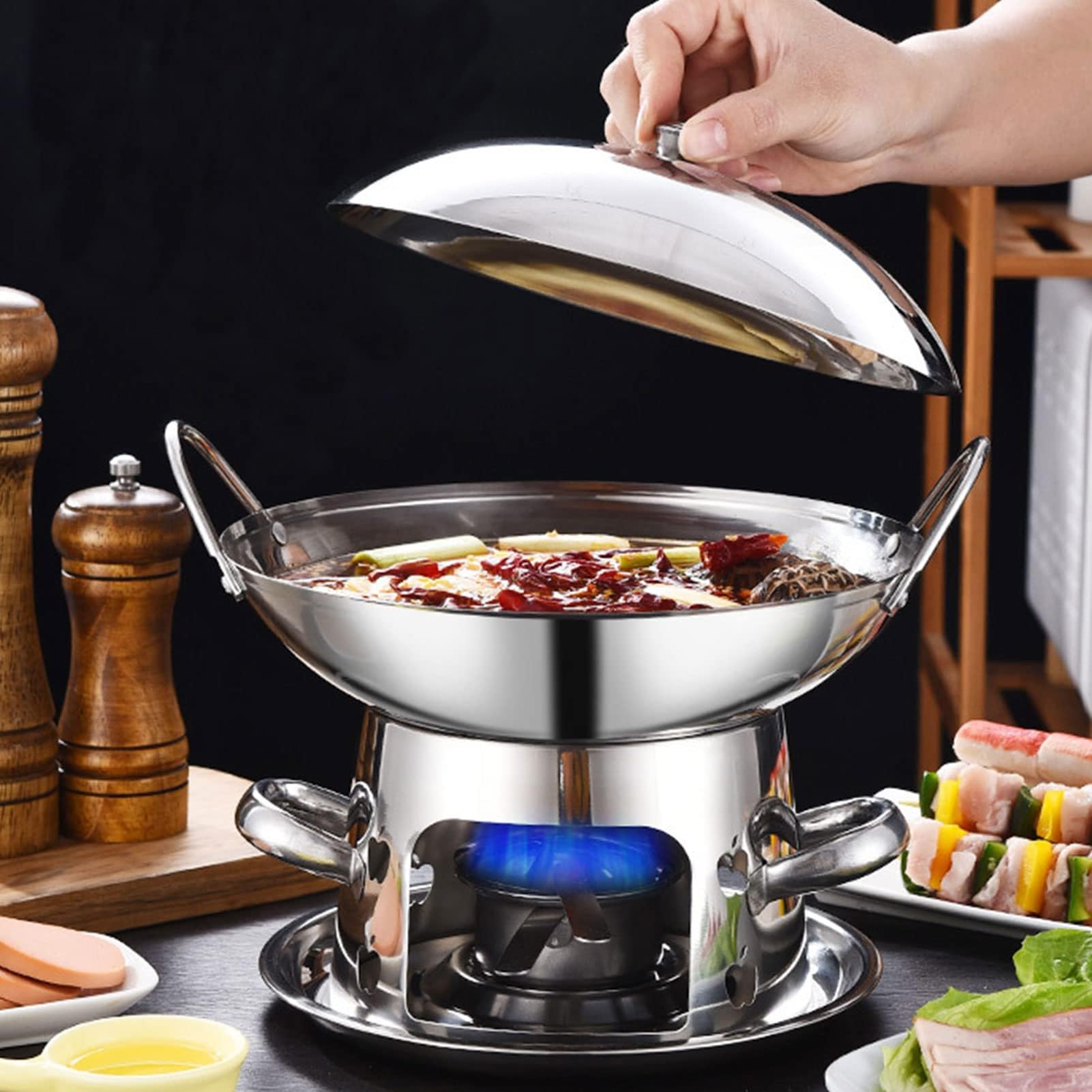 Fondue Chinoise Mini, Multifonctionnel éPais Appareil Fondue Chinoise, Blocs D'Alcool Solide Carburant, FabriquéS En Acier Inoxydable éPais, Puor Camping Et Pique-Nique Usage Domestique (26cm)