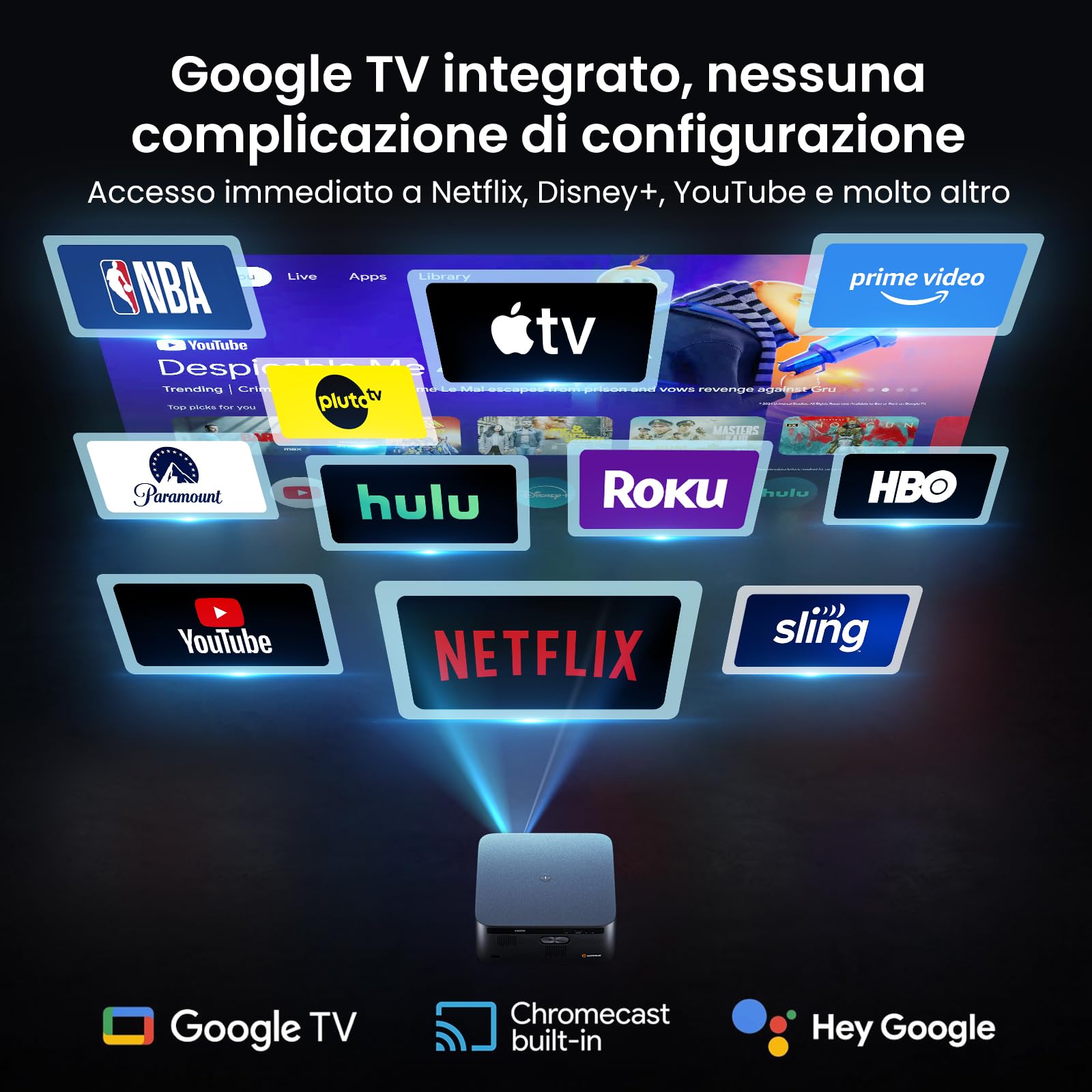 HAPPRUN Proiettore Smart da 3000 Lumen ANSI con Google TV Ufficiale, Compatibile 4K, Dolby Audio, Messa a Fuoco Automatica e Correzione Keystone Automatica, WiFi 6 e Bluetooth, Nero
