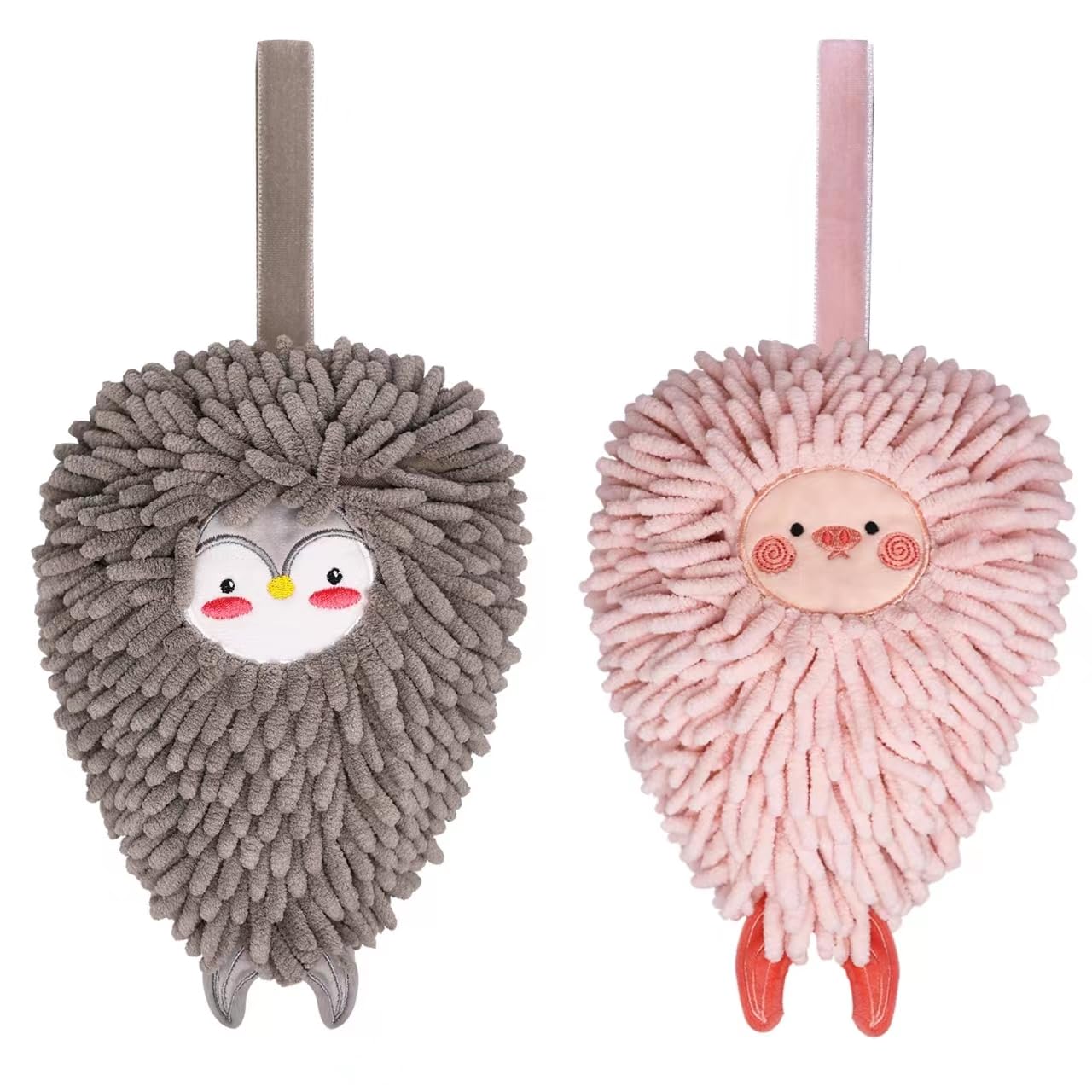 Xunlong Microfiber Chenille Hand Towel Cartoon Pattern Quick Dry Super Absorbent Bathroom Kitchen Towel 2 Pack (Pink + Grey)