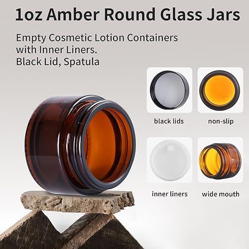 Miniatura 4 de OverNews 48 tarros de vidrio ámbar de 1 oz, recipientes vacíos de loción cosmética, con revestimientos internos, tapa negra, espátula