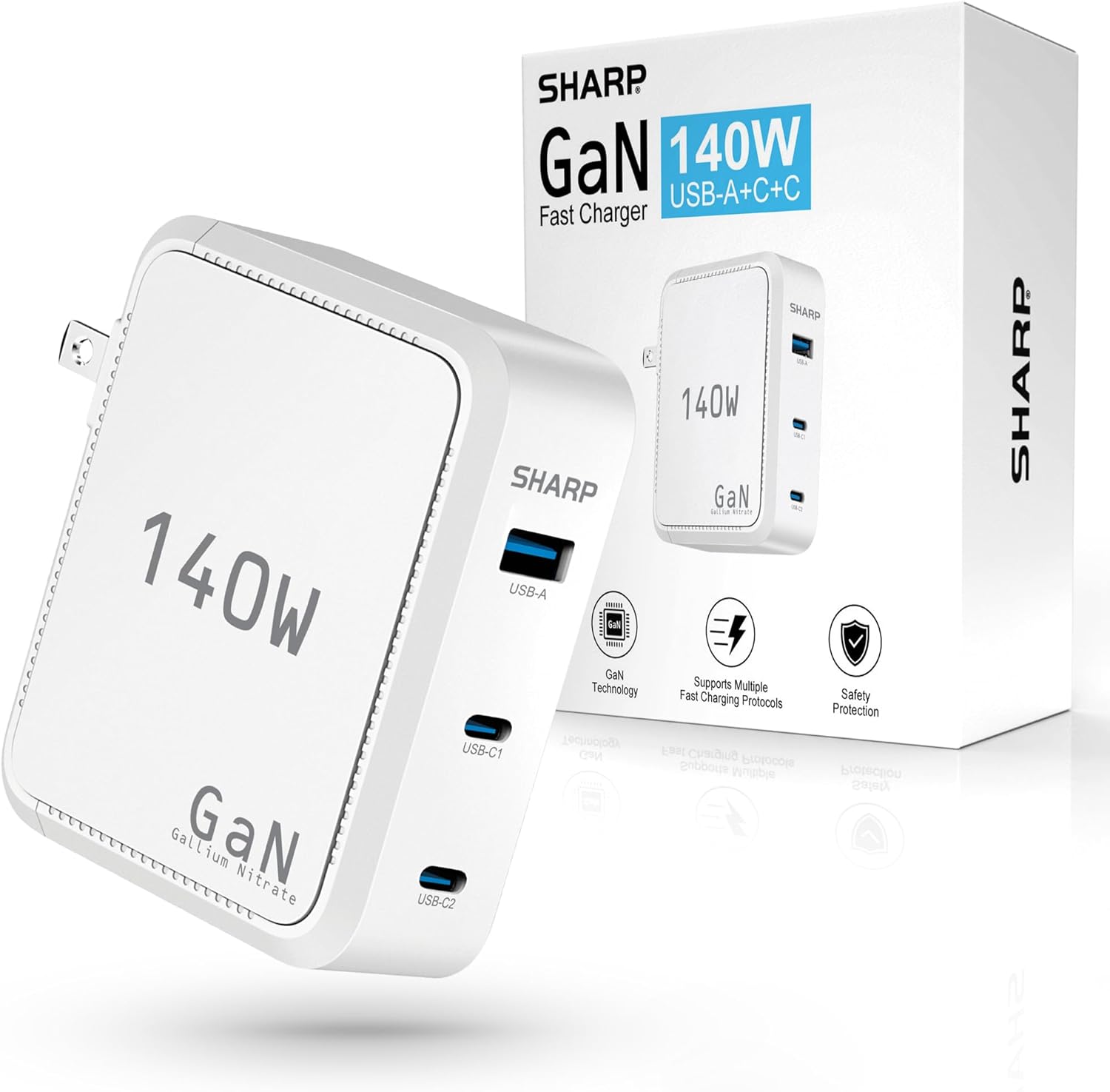 Sharp 140W USB C Charger, Compact Foldable GaN Fast Charge 3-Port (2 USB-C, 1 USB-A), Compact Foldable Wall Charger for MacBook Pro/Air, iPad Pro, iPhone 15/Pro, Galaxy S22/S21, Dell XPS, Black