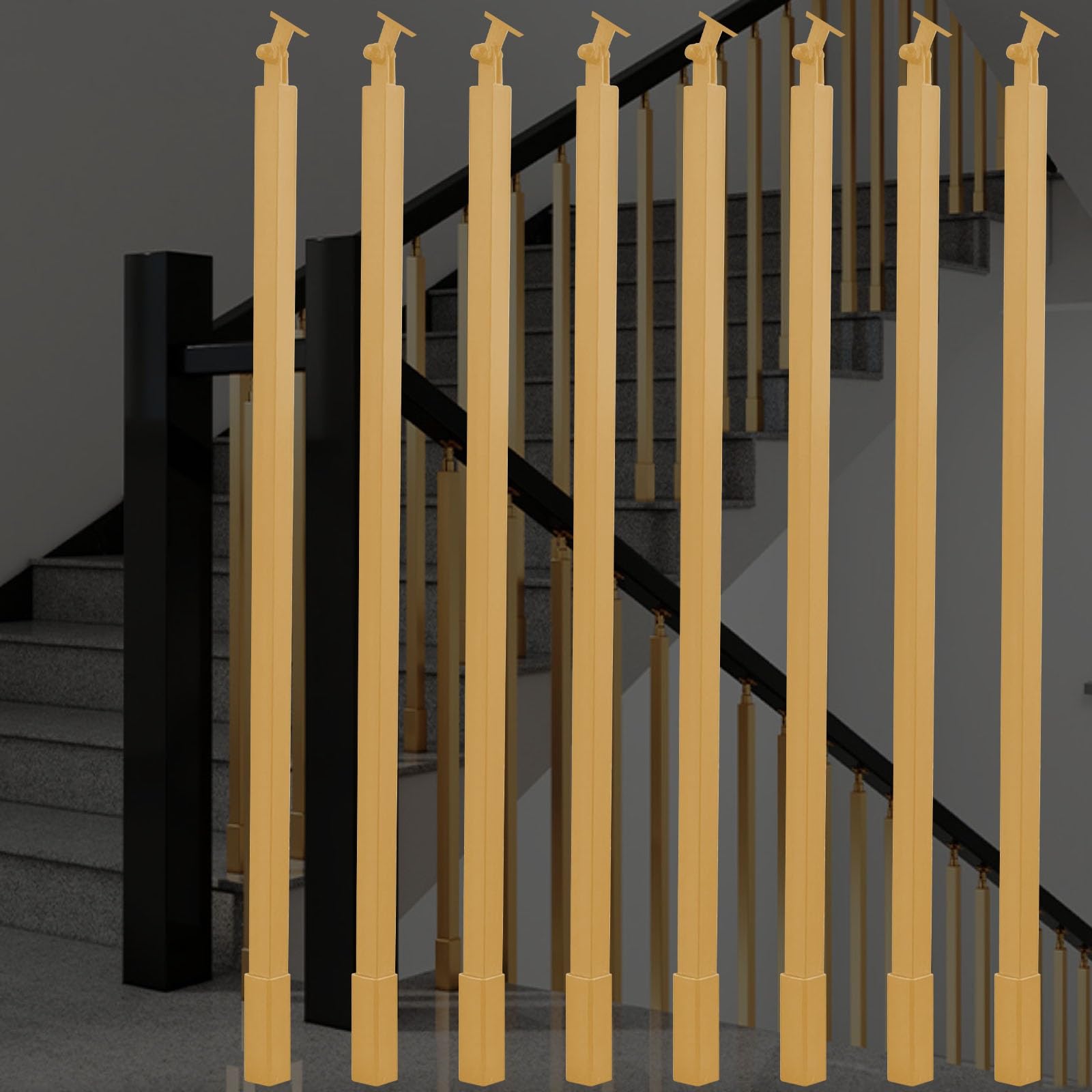 WLCGYD 30 36 42 48 51'' Metal Baluster Spindles, Interior Staircase Decks Banister Install Kit/Square Railing Post w/Bracket for Wooded Stairway Composite Steps(Gold 8 pcs,30in/76.2cm)