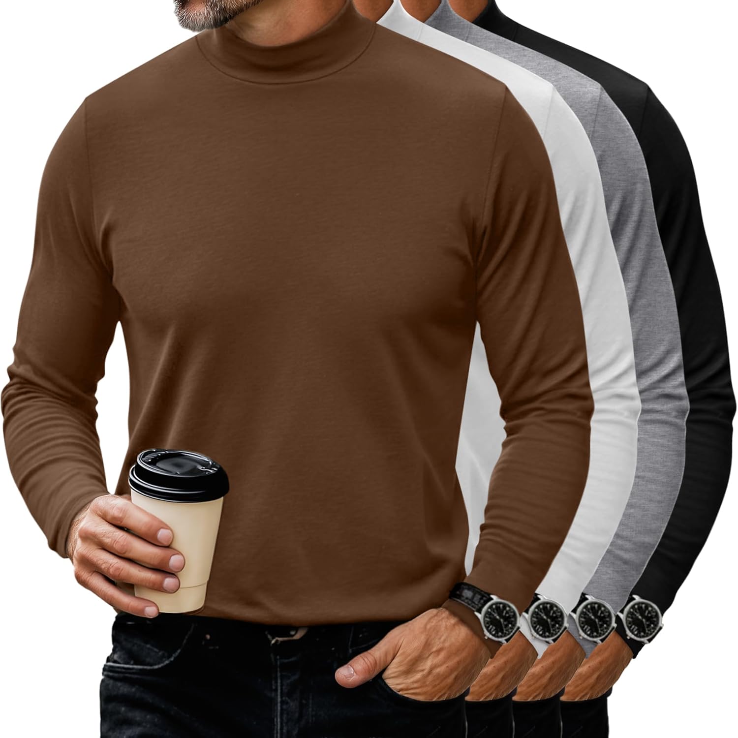 Neer 4 Pack Men's Mock Neck Shirts, Long Sleeve Turtleneck Pullover Tops Slim Fit Casual T Shirts Lightweight Basic Sweaters