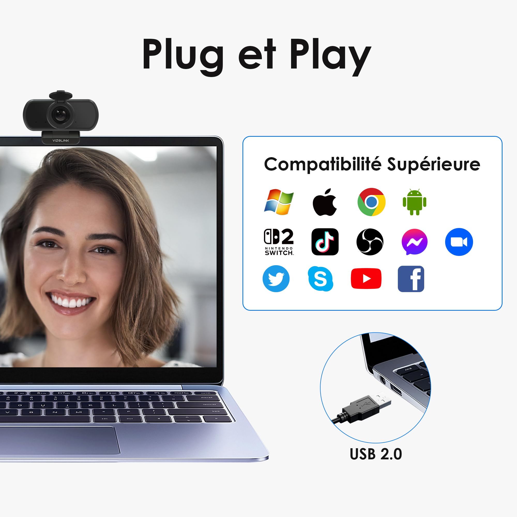N21A Webcam Full HD 1080P 30FPS Webcam PC Grand Angle 100 °Mise au Point Fixe Deux Micro Correction Lumière Plug Play Windows MacOS Linux Youtube Streaming Skype Appel Vidéo Vidéoconférence