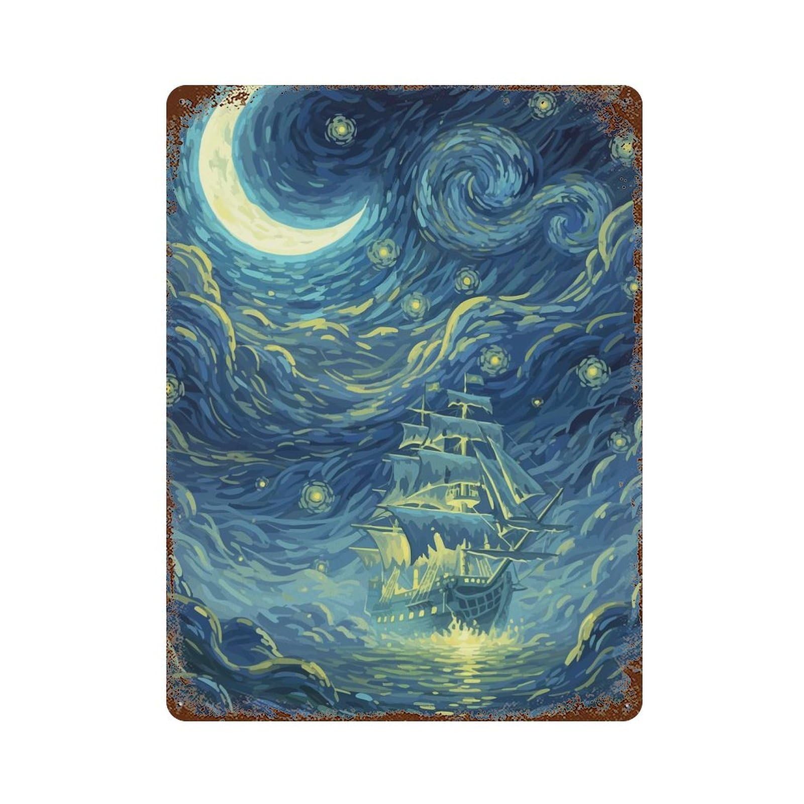 Rust Effect Starry Night Ship Rustic Tin Plaque 15.7"x11.8", Classic Wall Plaque for Shed, Workshop And Garage Wall Decor