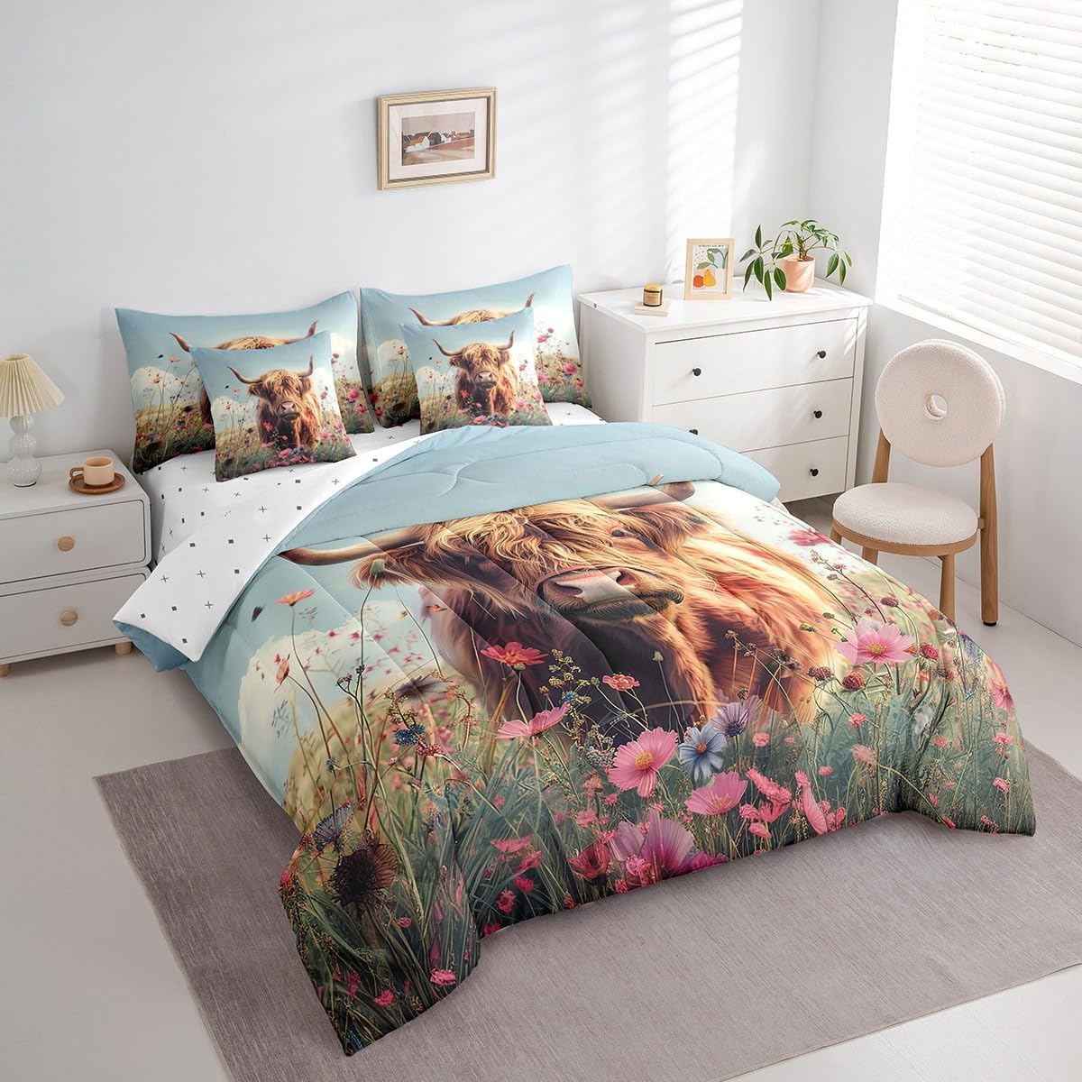Feelyou Highland Cow Comforter Set with Sheets Floral Highland Cattle 7 Piece Bedding Set Twin Size for Kids Bedroom Bed Decor Western Funny Animal Bed in a Bag Wildlife Farmhouse Cow Bed Set