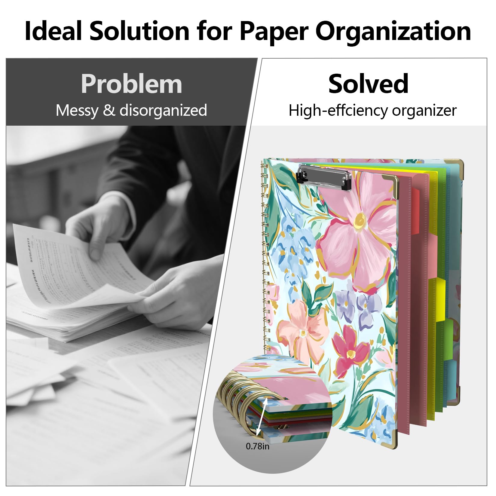 Porte-bloc avec rangement 21,6 x 27,9 cm, bloc-notes à spirale avec 10 poches et 5 dossiers, essentiels pour enseignants infirmiers, écoles (rose floral)