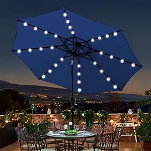 Blissun 9 ft Solar Umbrella 32 LED Lighted Patio Umbrella Table Market Umbrella with Tilt and Crank Outdoor Umbrella for Garden, Deck, Backyard, Pool and Beach (Navy Blue) Blissun 9 ft Solar Umbrella 32 LED Lighted Patio Umbrella Table Market Umbrella with Tilt and Crank Outdoor Umbrella for Garden, Deck, Backyard, Pool and Beach (Navy Blue)