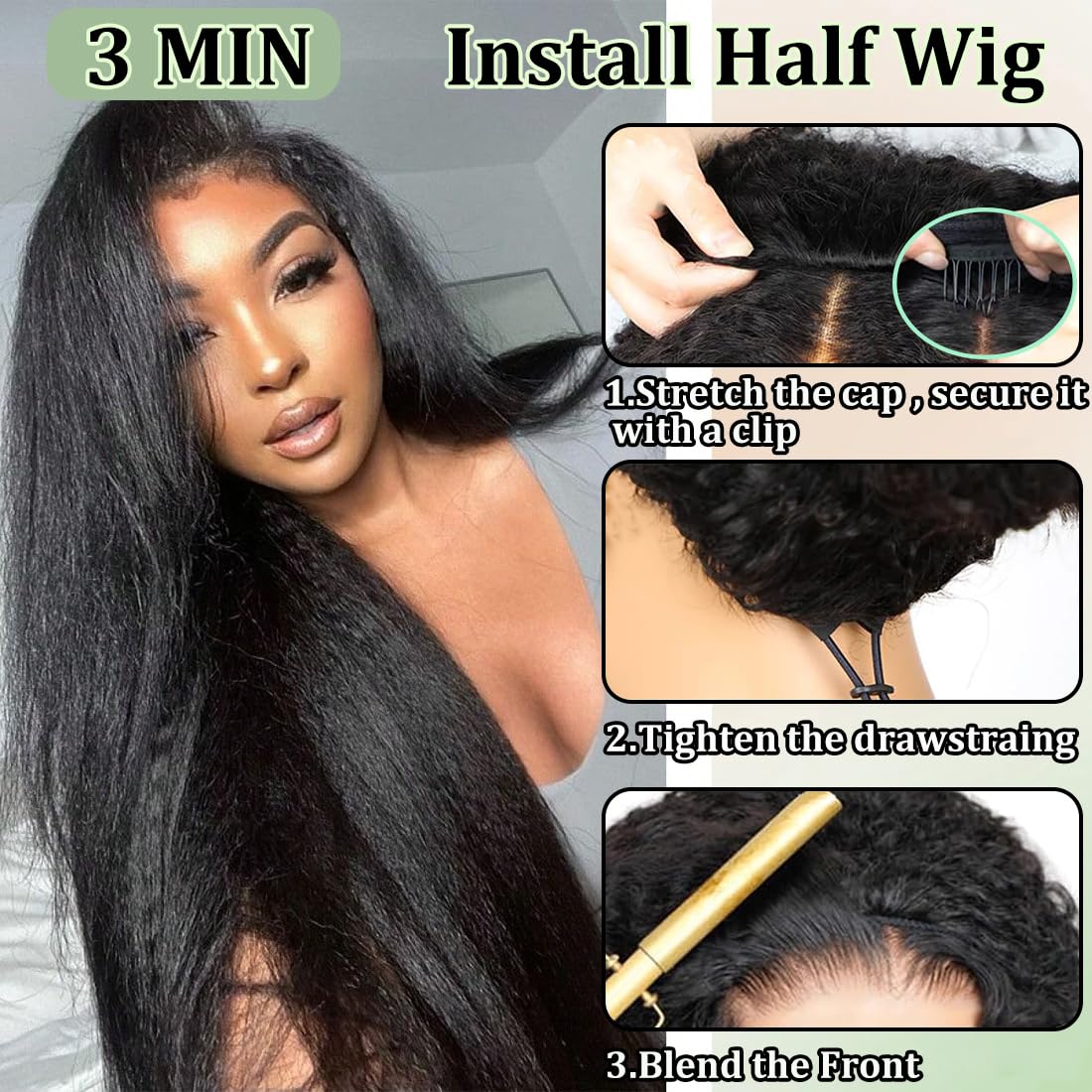 Kinky Straight Half Wig Human Hair 3 In 1 Half Wig Glueless Wigs Human Hair 200% Density Wear & Go Drawstring Seamless Flip Headband Wig for Women Beginner Friendly 18 Inch for Black Women