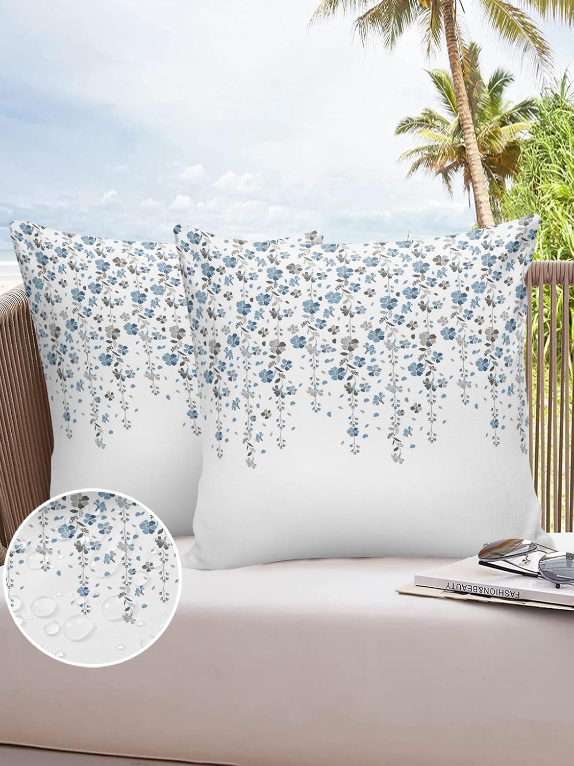 Floral Outdoor Pillow Covers Pack of 2, Blue and Grey Flowers Waterproof Pillow Covers Seasonal Spring Summer Throw Pillowcase for Patio Funiture Garden Tent, 18 x 18 inch