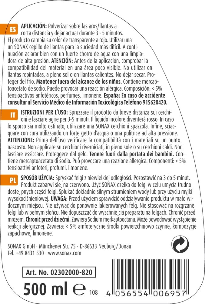 SONAX XTREME Detergente per cerchi PLUS (500 ml) detergente speciale privo di acidi per tutti i cerchi | Art. N. 02302000-820