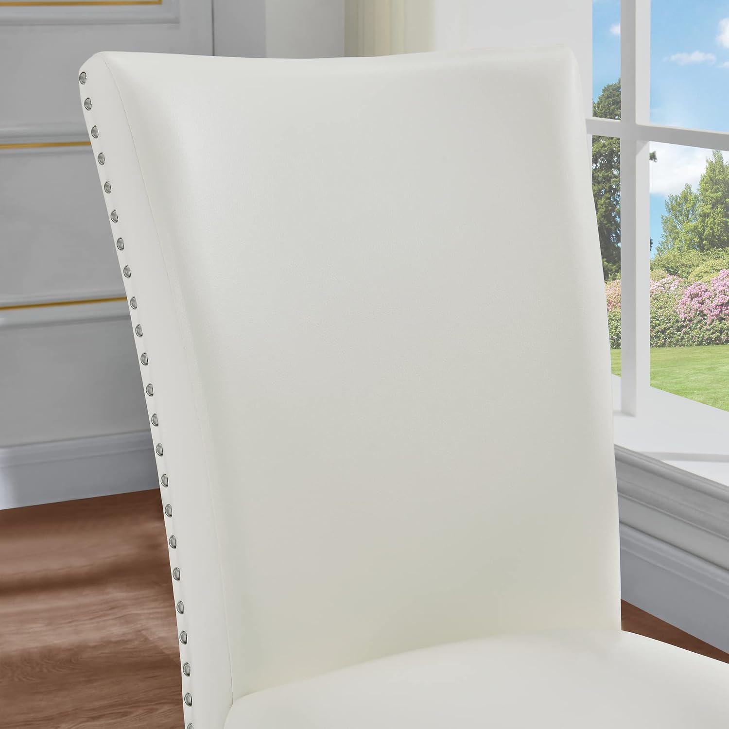 LEEMTORIG Set of 6 Upholstered Parsons Dining Chairs, Faux Leather Dining Room Kitchen Side Chairs with Nail-Head Trim for Living Room Bedroom Outdoor Lounge Guest Cafe, Ivory White CY-2258-WT