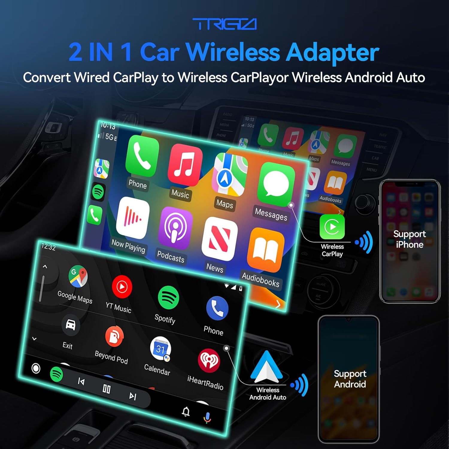 2-in-1 Wired to Wireless CarPlay and Android Auto Adapter Dongle Compatible with Apple iOS & Android Smartphones via USB or Type C, Bluetooth Music Streaming, High Performance-Slim Version