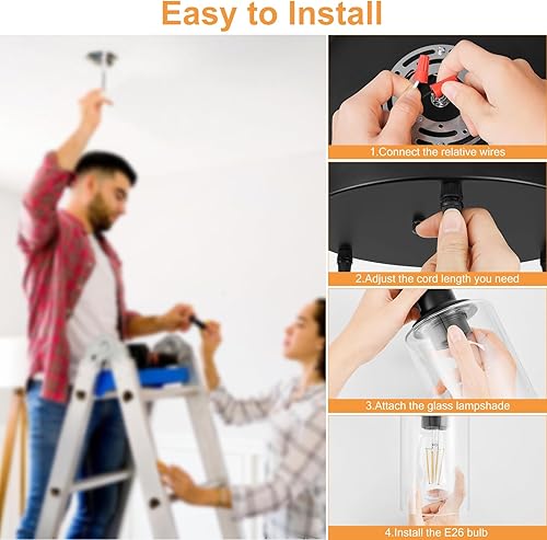 Miniatura 6 de Licperron Lámparas colgantes de 3 luces, luces colgantes negras para isla de cocina, iluminación colgante ajustable con pantalla de vidrio