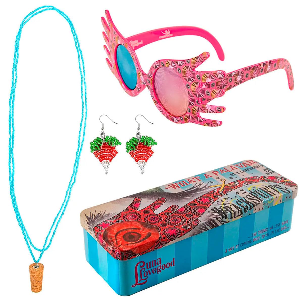 Cinereplicas Harry Potter - Trío de réplicas de accesorios Luna Lovegood con Spectrespecs, aretes rábano y collar de corcho - Licencia Oficial