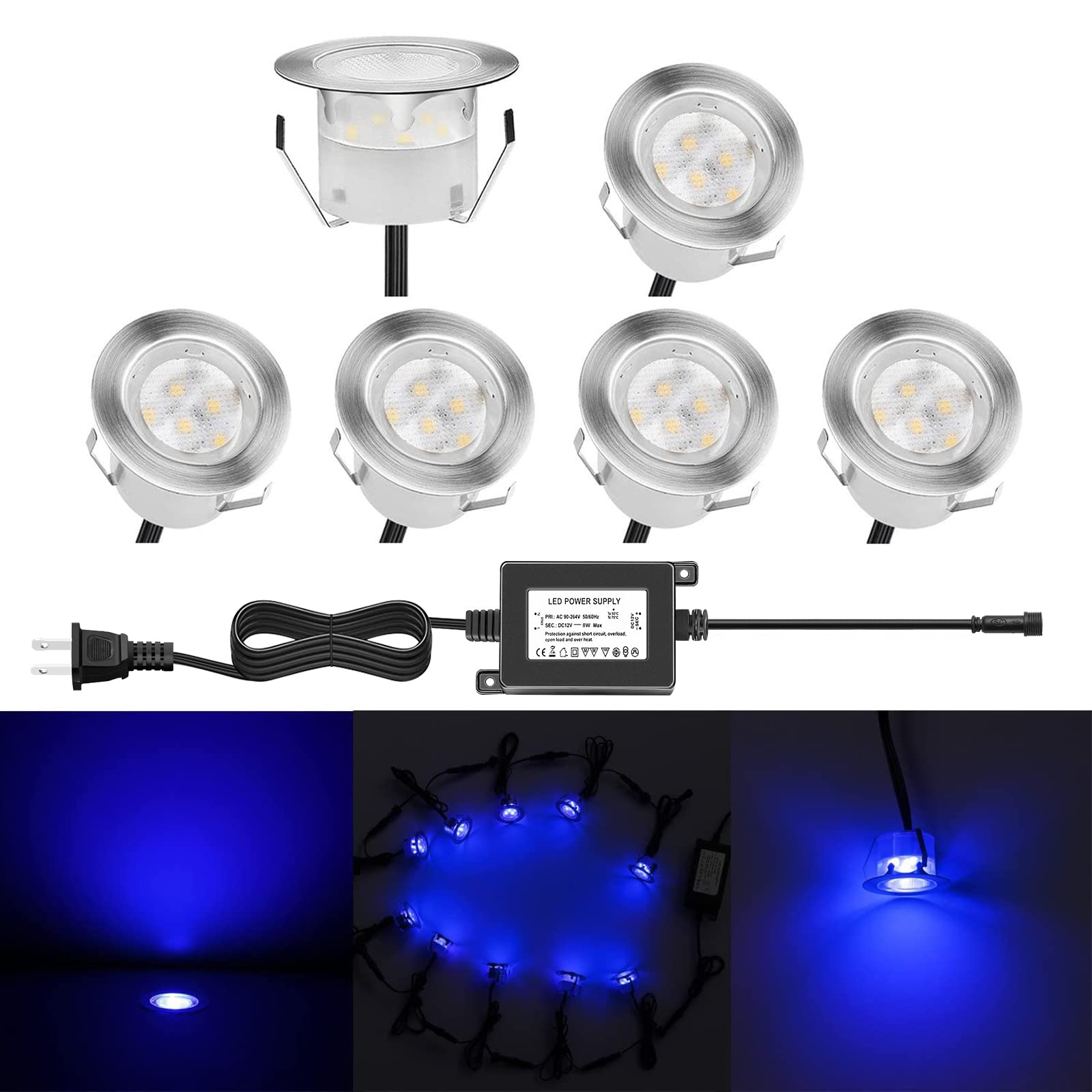 Low Voltage LED Deck Lighting Kit Stainless Steel 1W Waterproof Outdoor Yard Garden Decoration Lamps Landscape Pathway Patio Step Stairs LED In-ground Lights(Blue/6pack) Blue 6pcs(Silver Border)