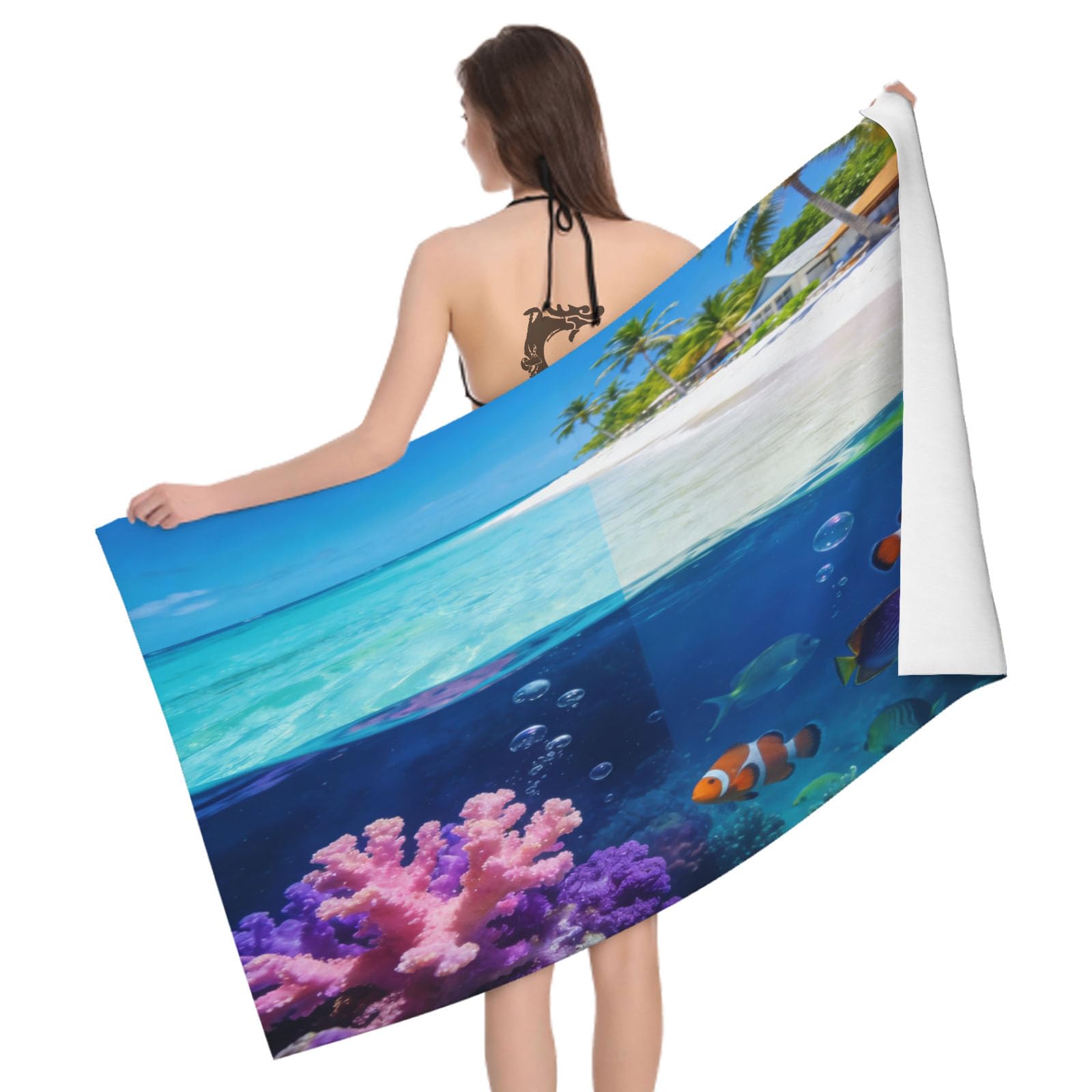 Leichong 3D Beach Themed Beach Towel Large Microfiber Soft Quick Dry for Adults, The Underwater World Bath Towel Lightweight Soft Absorbent for Travel Swimming Pool Sports, 80 x 160 cm