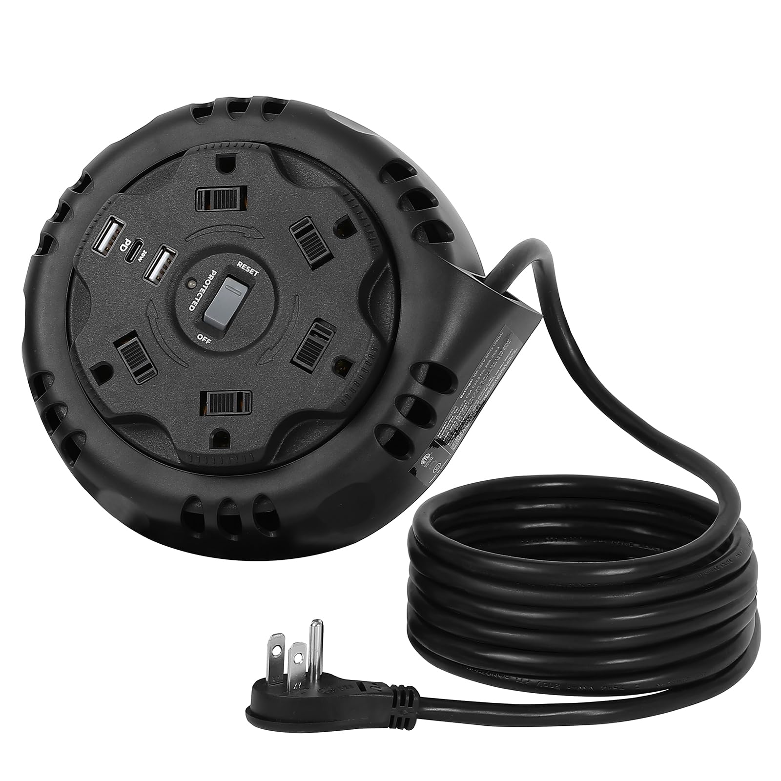 10ft Flat Plug Surge Protector Power Strip, Retractable Extension Cord with Multiple Outlets, 5 AC & 3 USB Charger(1 USB C Port), Desktop Charging