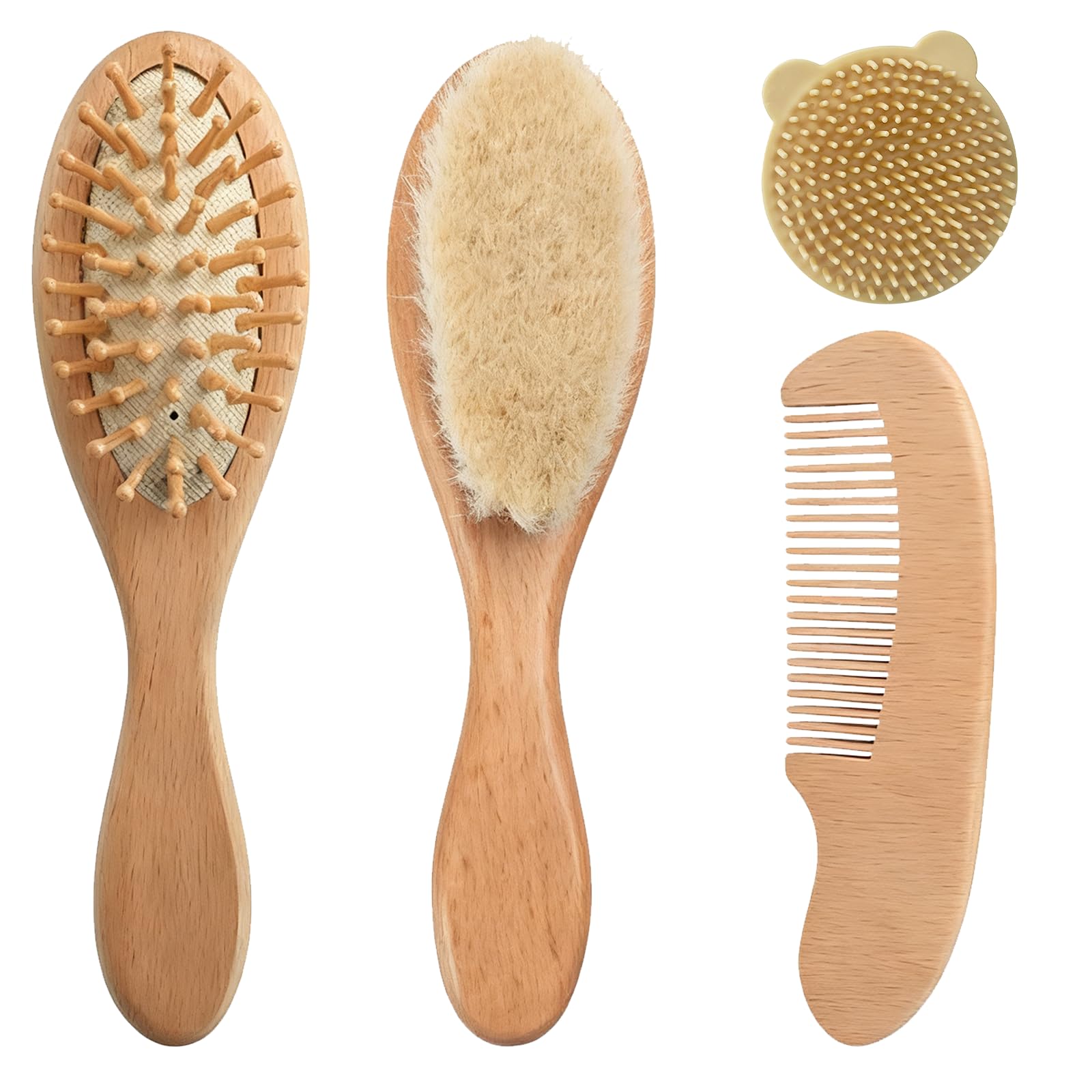 4 teiliges Baby Bürsten und Kamm Set aus Naturholz, Baby Haarbürste mit weichen Ziegenborsten für Neugeborene, Milchschorf Bürste zur Kopfhautpflege, Perfektes Baby Erstausstattung Geschenk Set