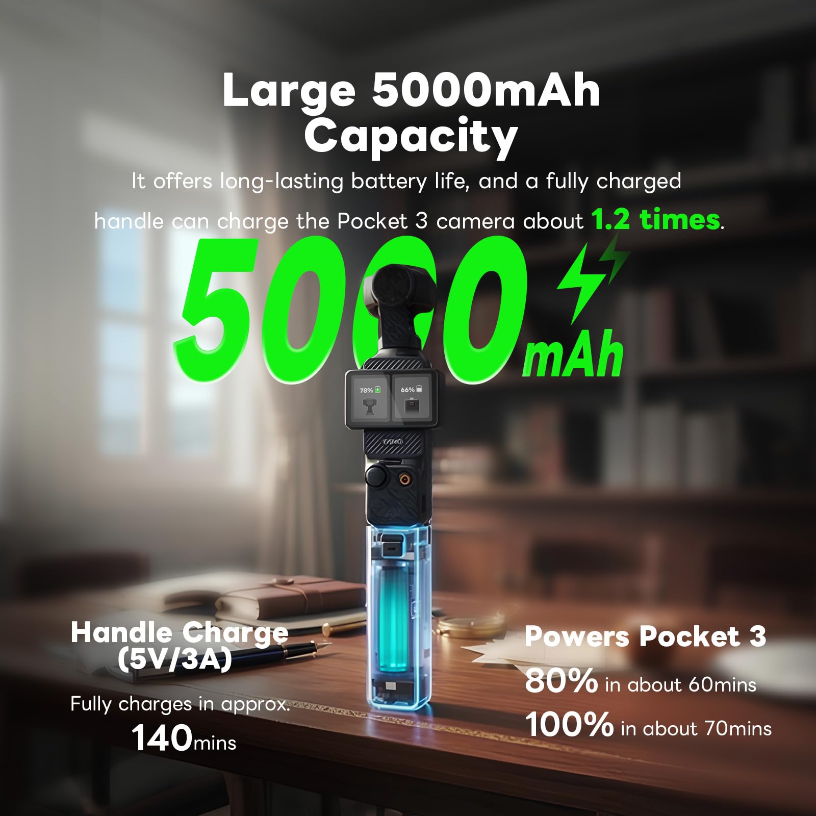 Poignée Batterie Osmo Pocket 3/4 avec Connexion Micro, 5000mAh, Décodage Complet, USB-C, Affichage d’Alimentation, Streaming, Filetage 1/4"