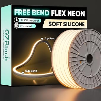 GZBtech 110-120V LED Neon Rope Lights 66FT/20M, 3D Top & Side Free Bend 2800K Warm White Silicone Neon Strip Light, 122+LM/FT Diver-Free IP65 Waterproof Rope Lighting for Indoor Outdoor, ETL Listed