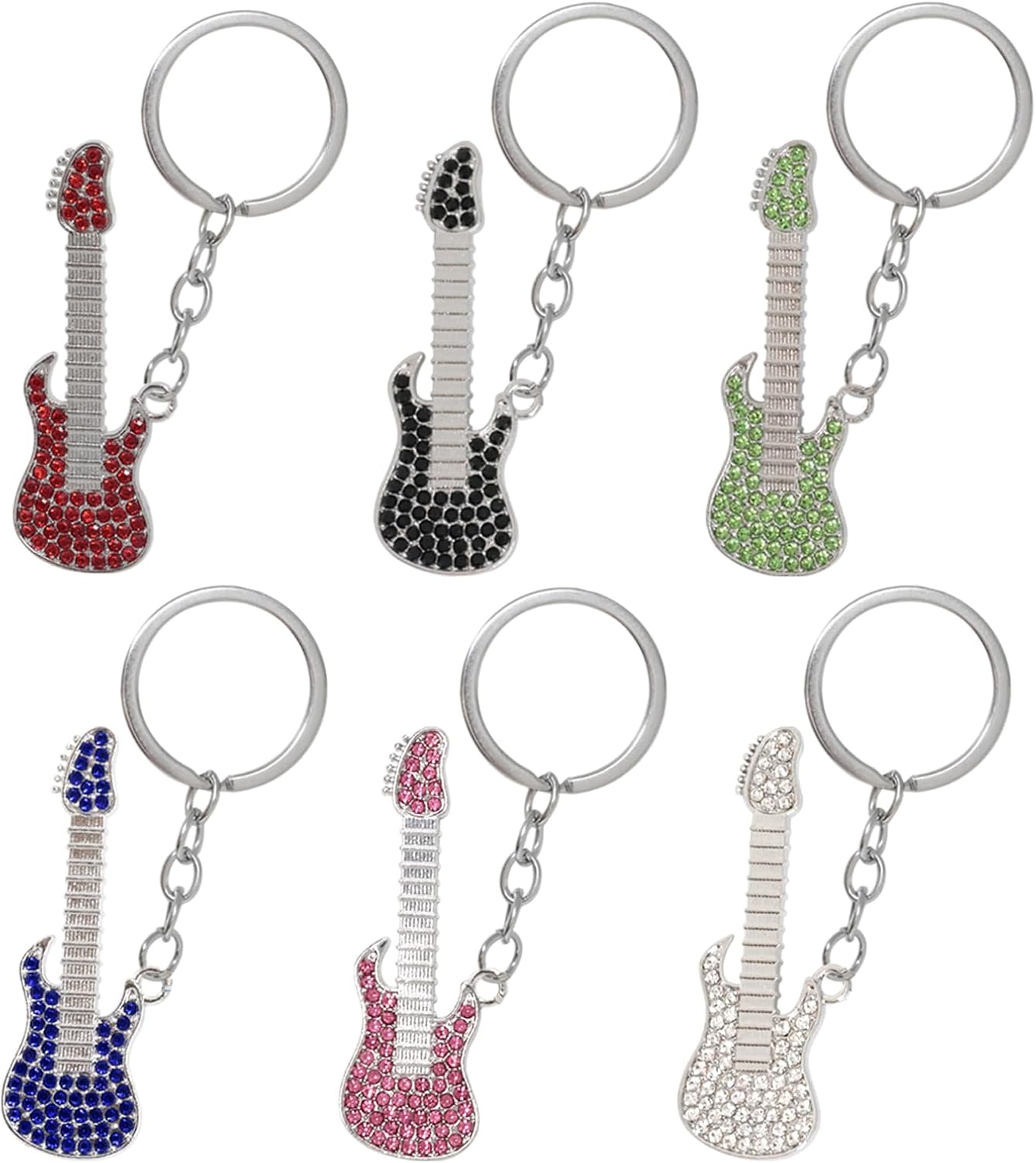 Honbay 6PCS Rhinestone Guitar Keychain Cute Bass Keychain Mini Guitar Keyring Electric Guitar Key Holder Instrument Keychain for Music Lovers (6 Color)