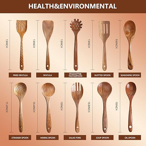 Miniatura 2 de GEEKHOM Juego de utensilios de madera, 10 espátulas de cocina para utensilios de cocina antiadherentes, espátula natural, cucharón para cocinar,