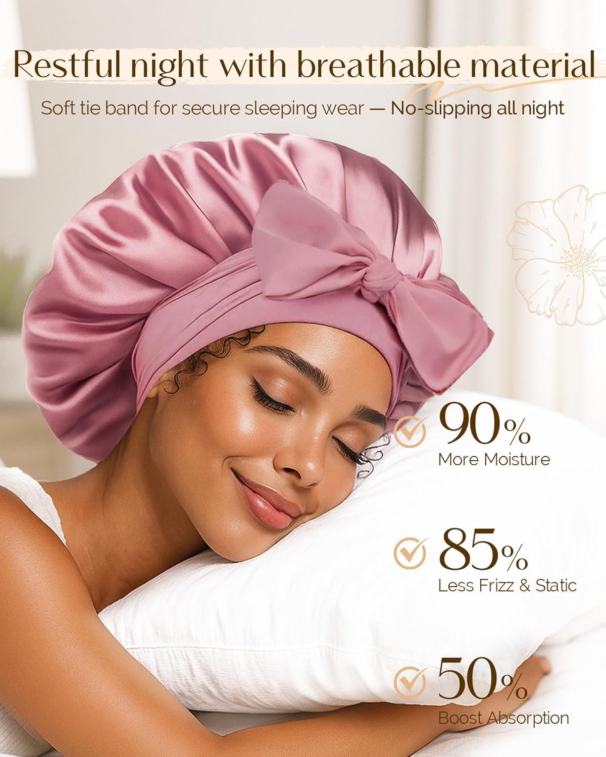 Candibella Silk Bonnet for Hair with 3 Scrunchies, Adjustable Silk Hair Cap for Sleeping, Satin Bonnet for Curly Hair with Wide Elastic Tie Band - Image 2 thumbnail