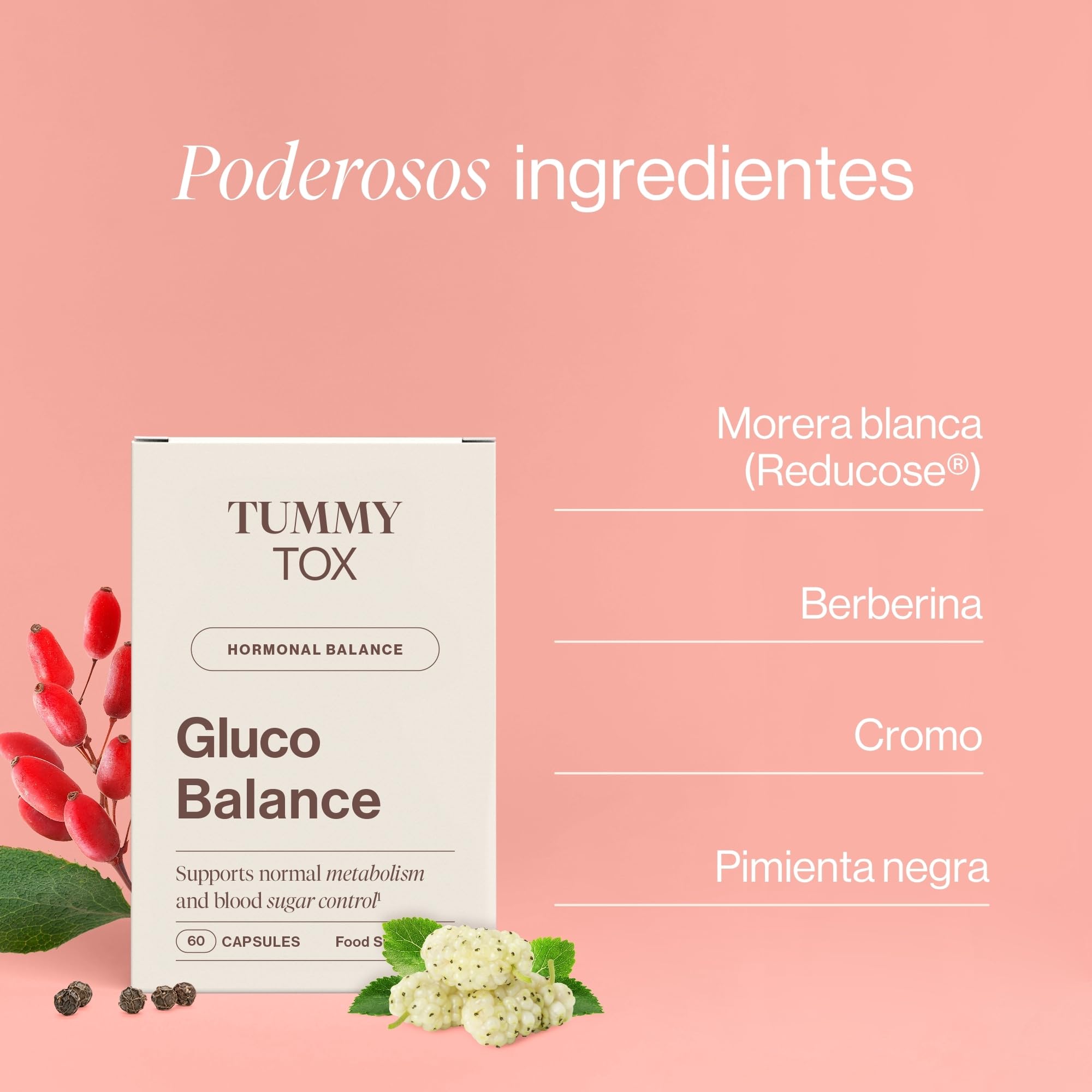Tummy Tox Gluco Balance – Berberina, Cromo, Pimienta Negra y Morera Blanca – Apetito, Metabolismo, Niveles de Azúcar en la Sangre – 120 Cápsulas Veganas para 60 Días