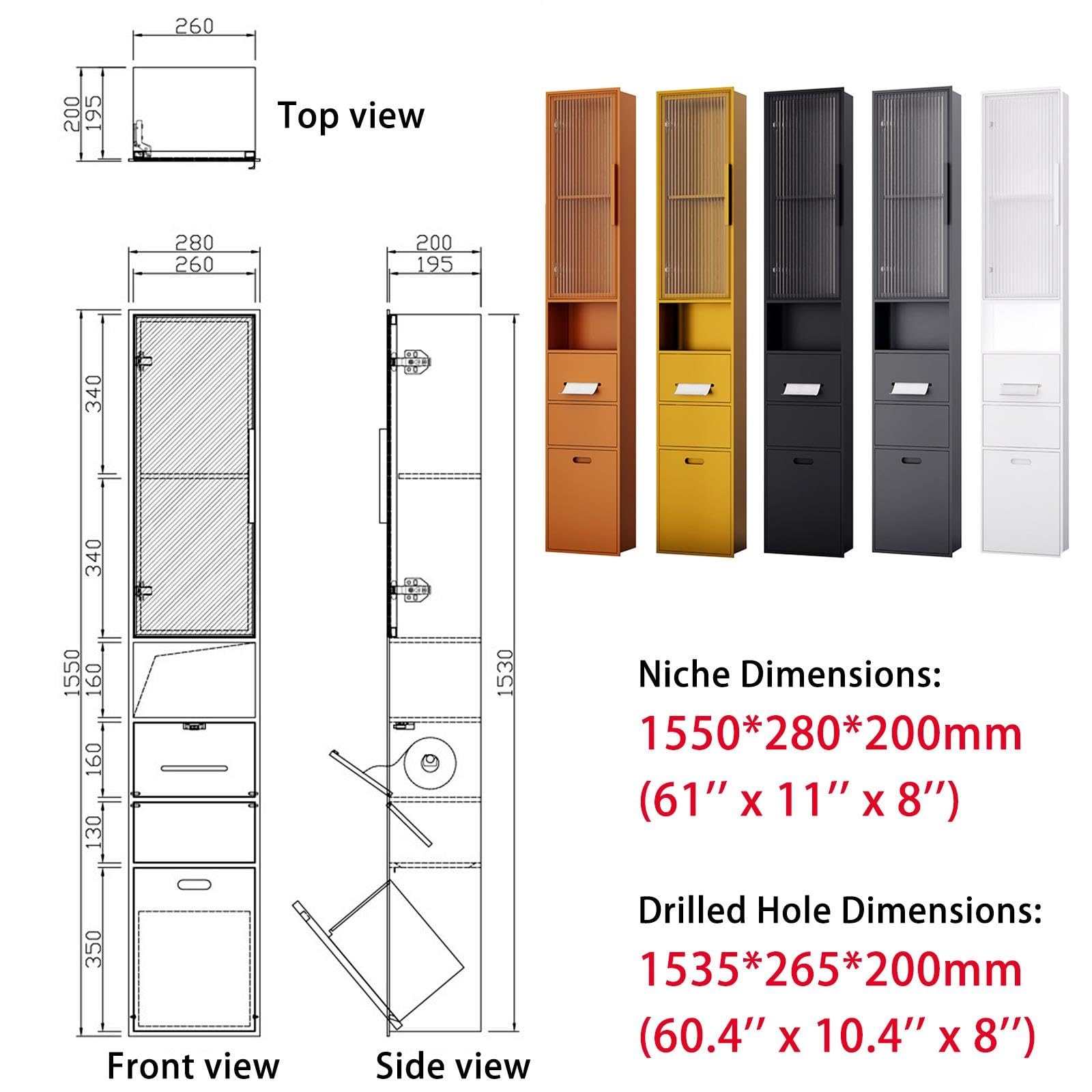 Nicho de pared empotrable de acero inoxidable con puerta de vidrio y cubo