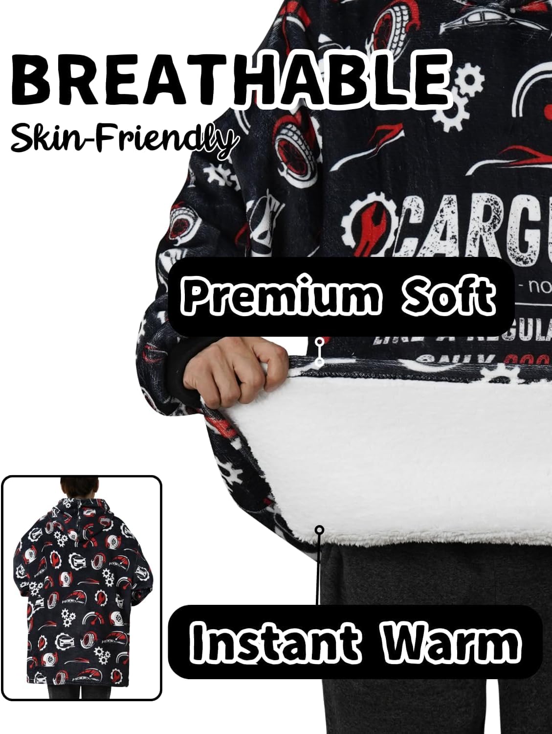 Car Guy Gifts for Car Lovers, Wearable Blanket Hoodies for Adults for Birthday, Christmas, Oversized Flannel Hooded Blankets, One Size Fits All