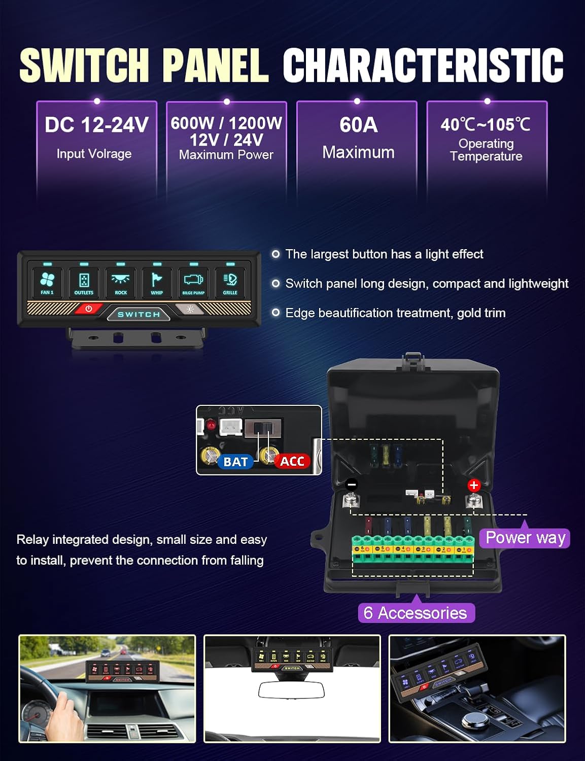 Chelhead Bluetooth Switch Panel 12V Universal 6 Gang Switch Box, Works with Android Auto & App, RGB Keypad, Programmable Modes for Led Pods Whip Lights Electronic Accessories for UTV Trucks