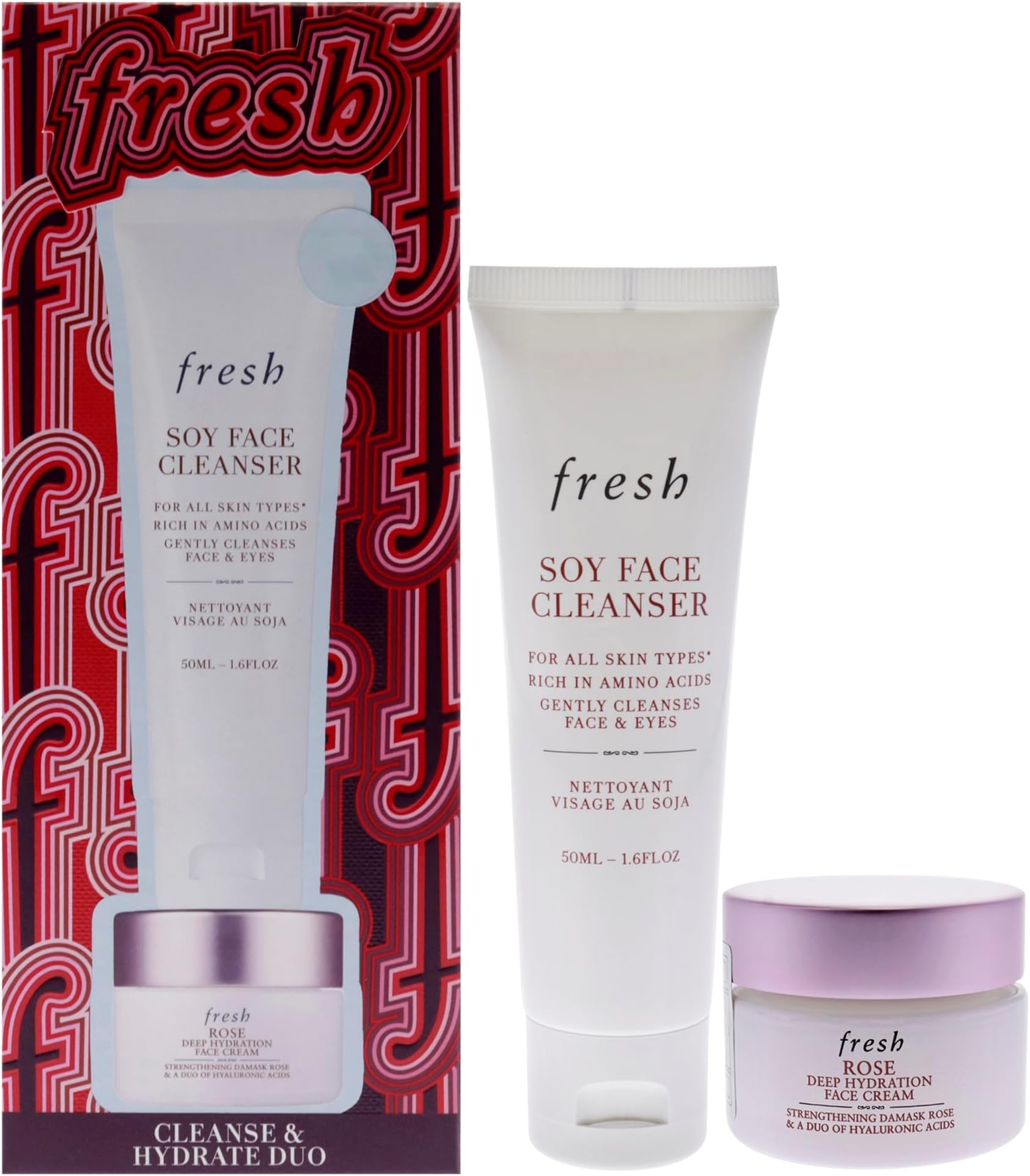 Fresh Cleanse And Hydrate Kit for Women - 2 Pc 0.5oz Rose And Hyaluronic Acid Deep Hydration Moisturizer, 1.6oz Soy Hydrating Gentle Face Cleanser
