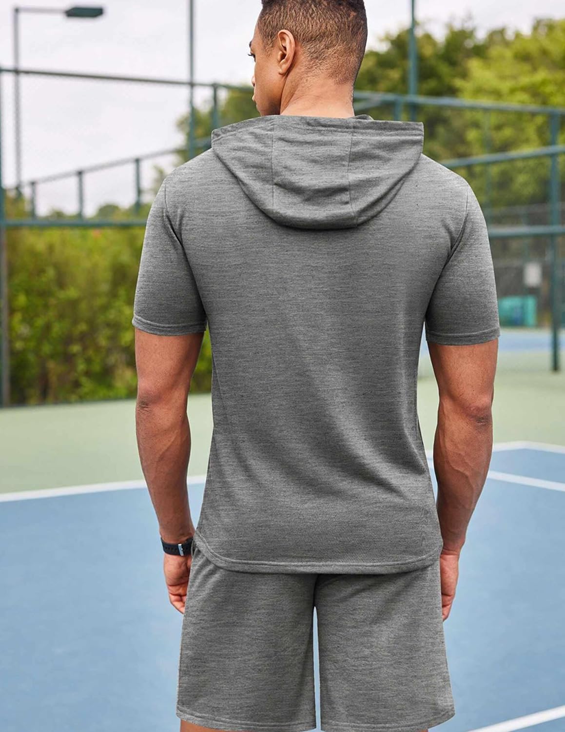 Conjunto Hombre Verano Hombre Chándales 2 Piezas Camiseta Deportecon Capucha y Short con Bolsillos para Fútbol Baloncesto Tenis Jogging S-XXL